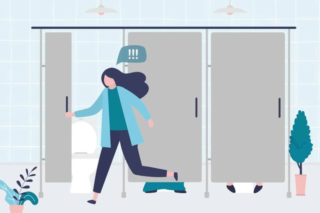 graphic of Urine incontinence Rutland woman running to the toilet.