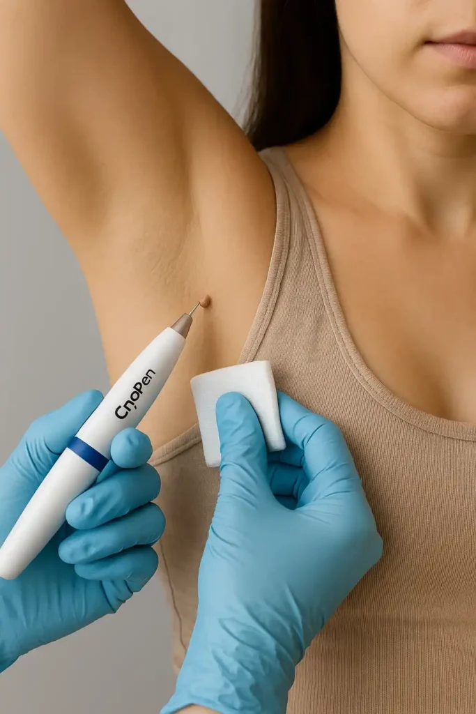 woman having cryopen to remove underarm skin tags Rutland