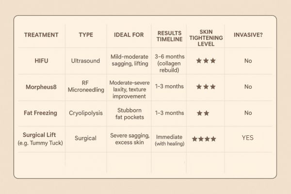Table showing the comparisons of Skin tightening Rutland treatment options.